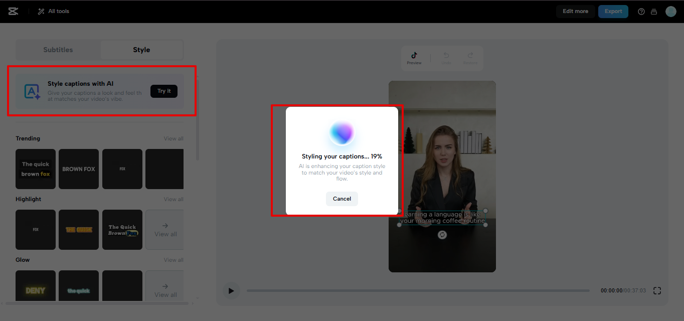 CapCut Web AI로 자막 스타일 설정