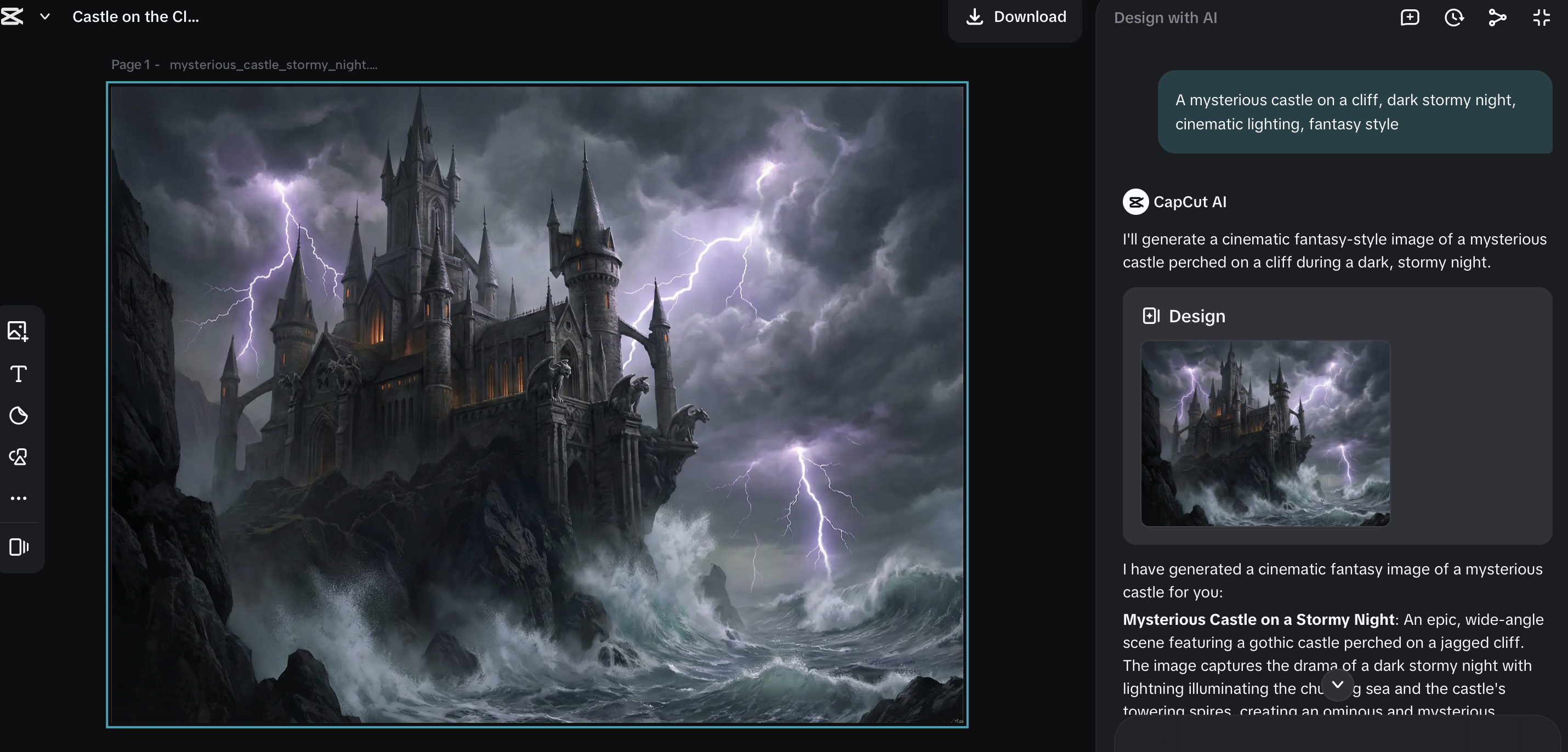 Entering a prompt for a fantasy book cover in CapCut Design with AI tool