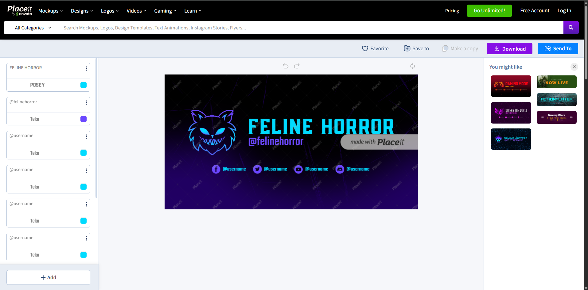 Interface of Placeit - one of the best Twitch banner maker