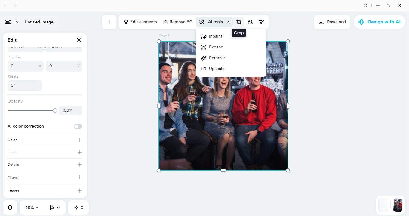 Image cropping interface of the CapCut desktop video editor