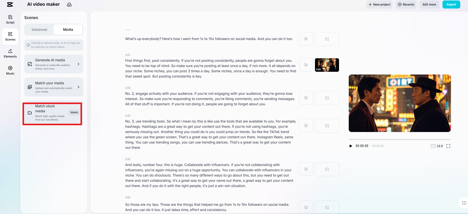 Match stock media to all scenes