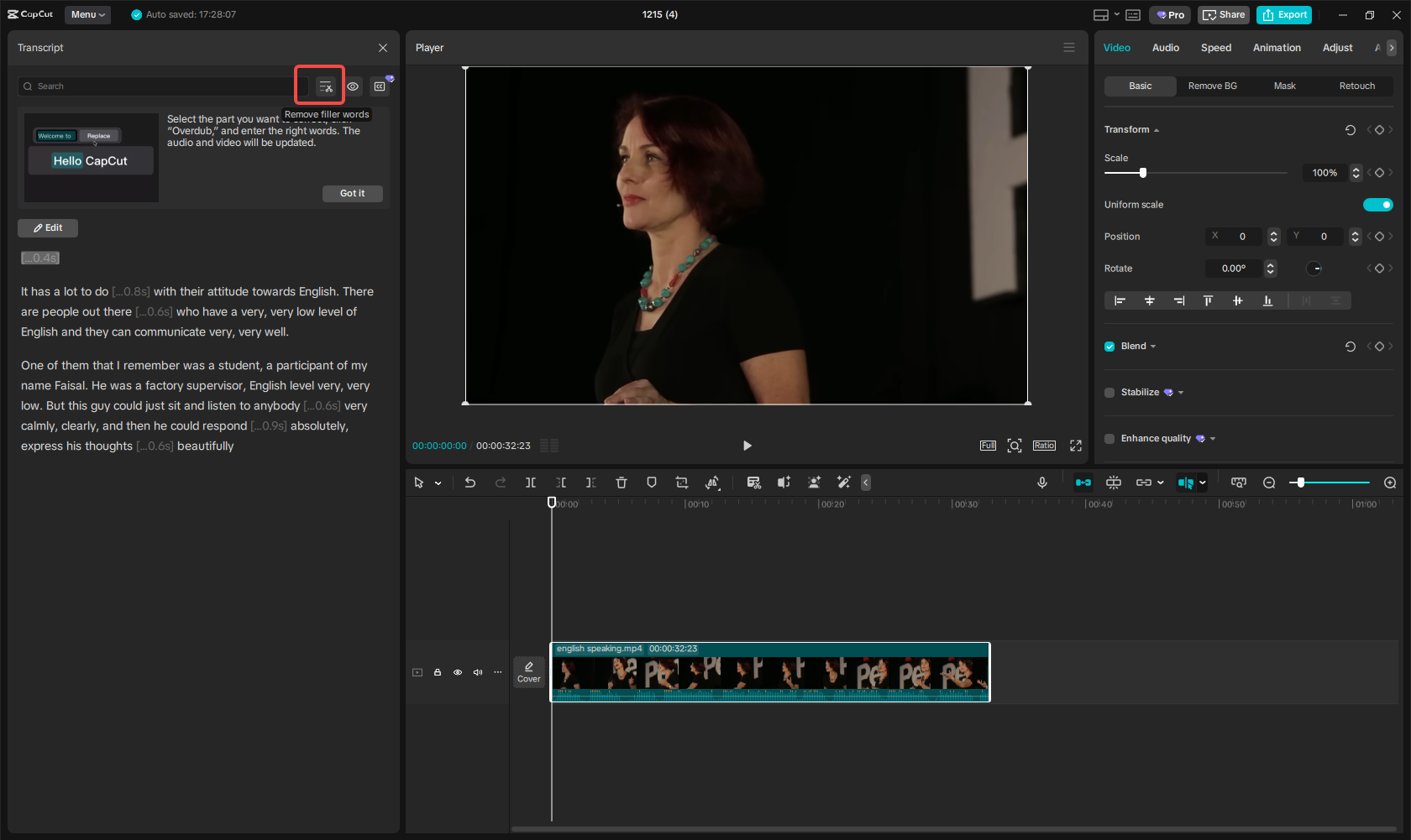 Detect filler words using the transcript panel