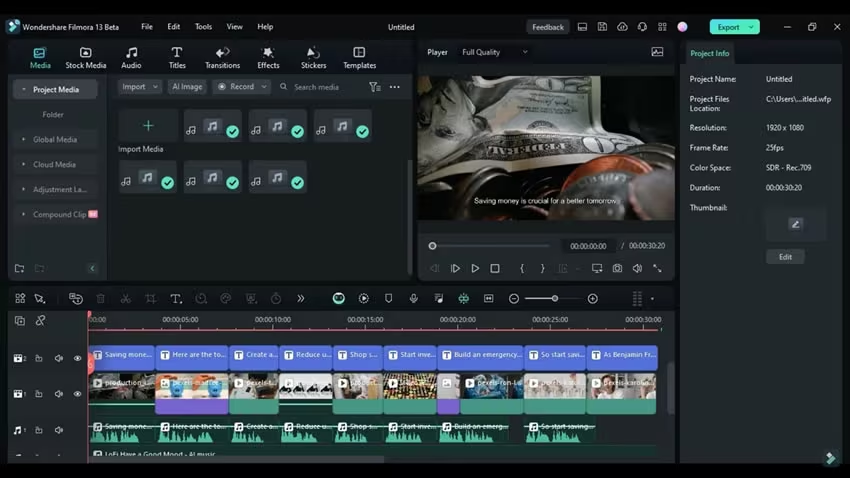 Interface of Filmora - another free AI video to video converter