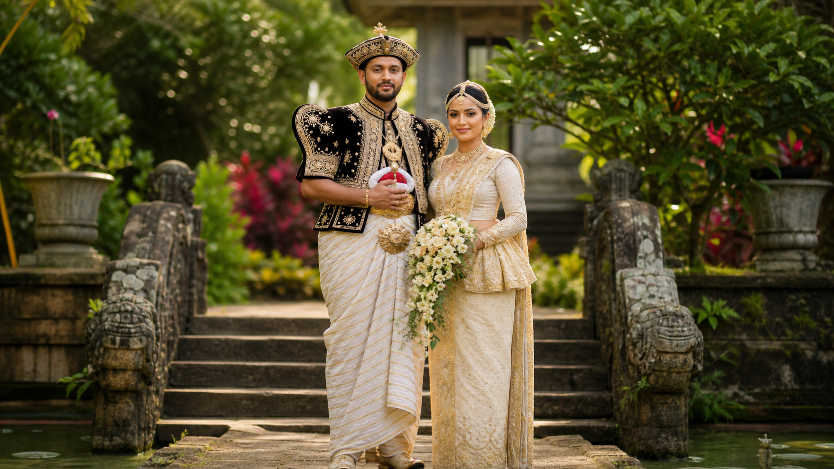 Kandyan Traditionelle Hochzeitsporträts AI repräsentatives Bild