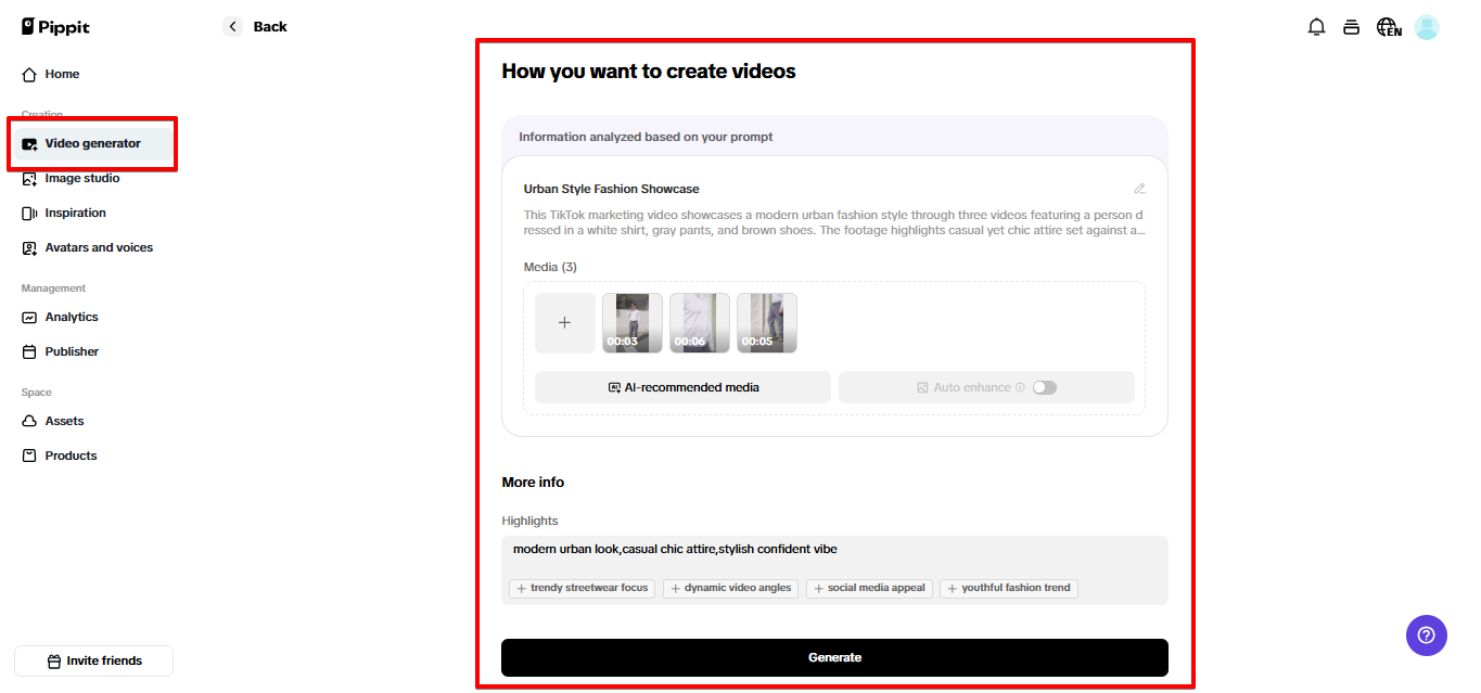 Gerando vídeo no Pippit