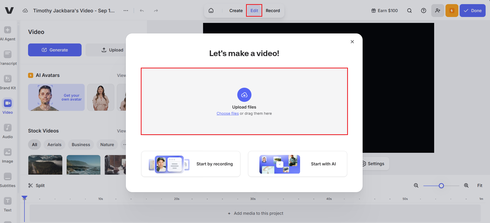 Перейдите на сайт Veed.io и загрузите контент UGC