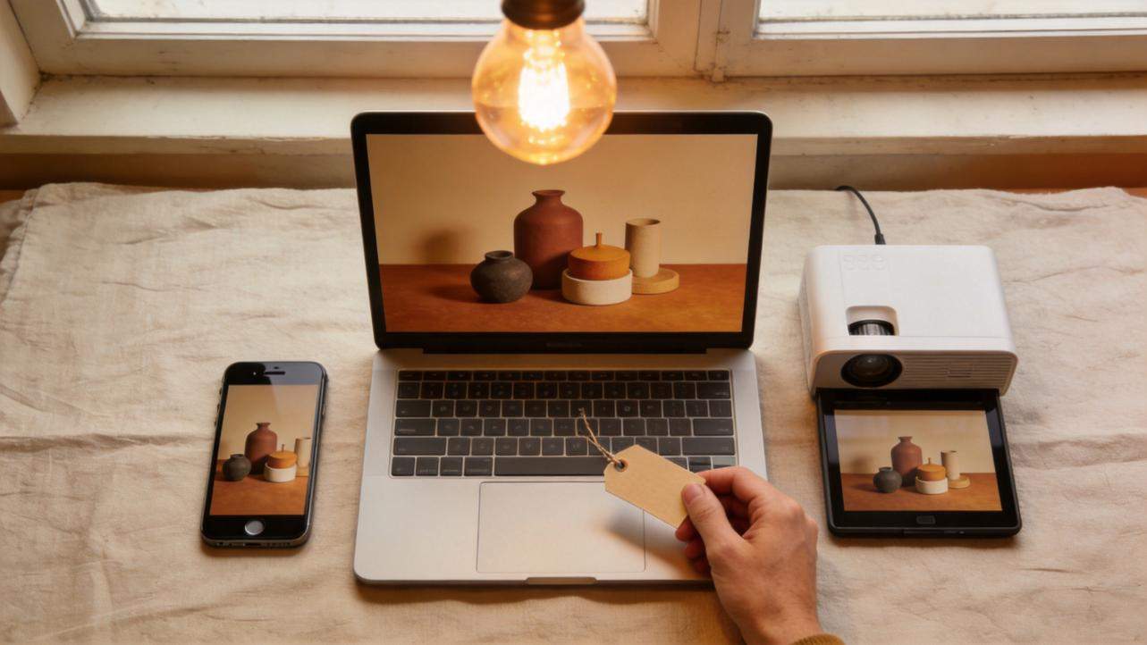 Laptop, phone, tablet, and projector displaying the same still life on a table