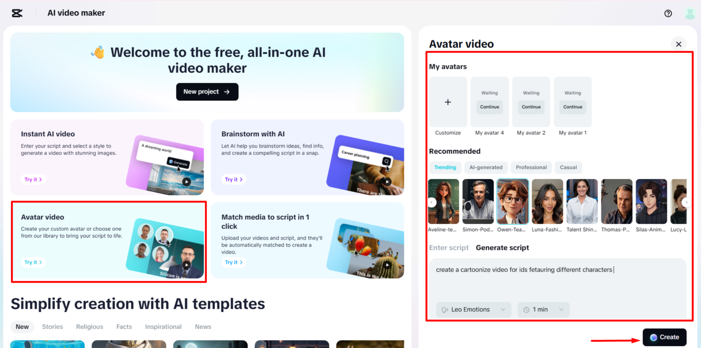 Erstellen eines cartoonisierten Videos aus einem Skript mit dem KI-Videoersteller von CapCut