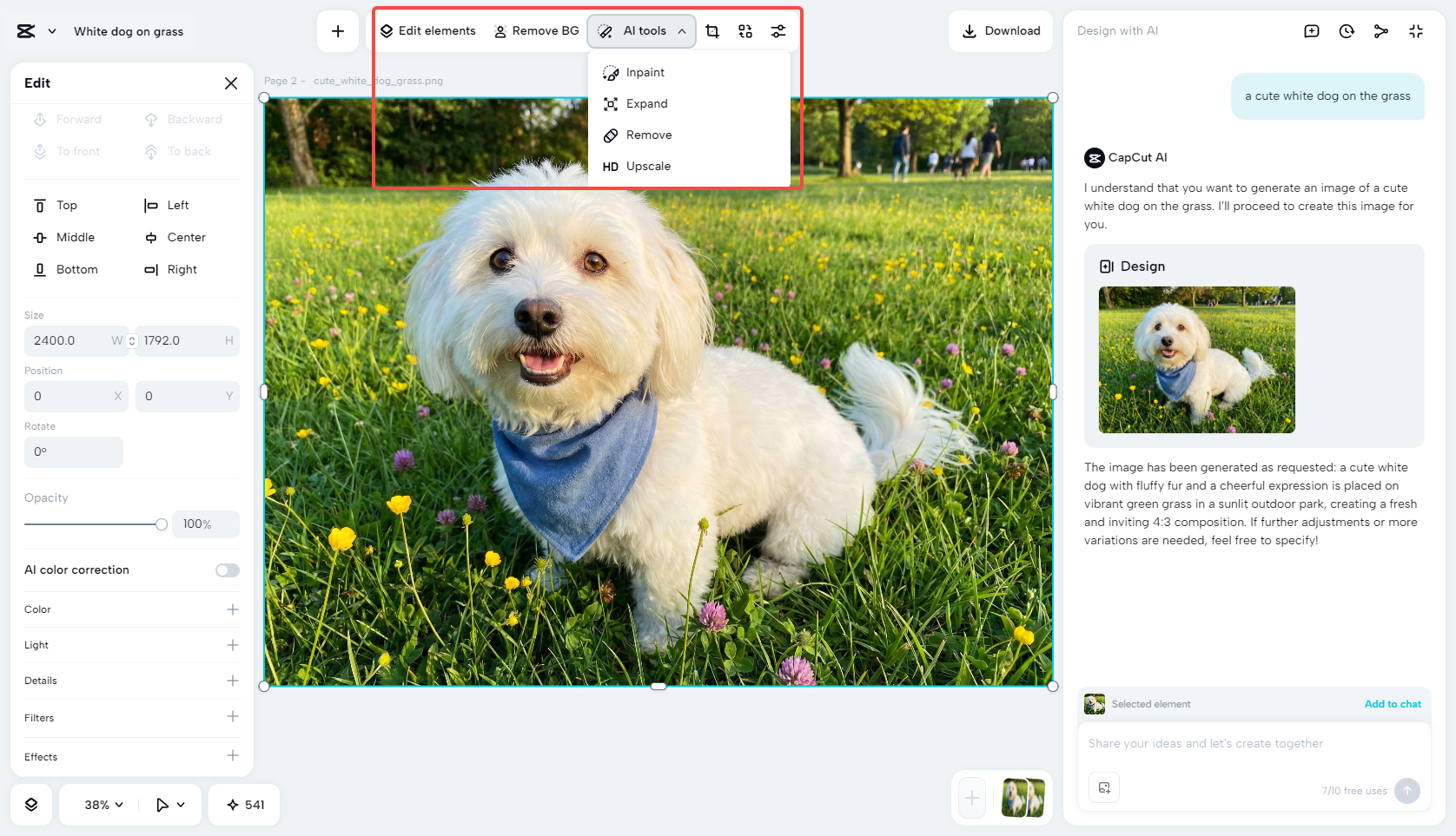 Enhancing the photo with AI tools in CapCut
