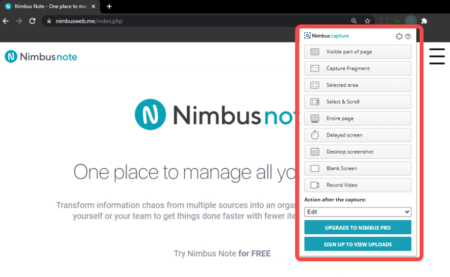 Вибір режиму захоплення в Nimbus Screen Capture