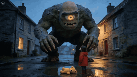 On a wet village street at dusk, a crouching one-eyed giant with bared teeth stares down at a small girl in a red raincoat, slowly lowers one huge hand, lifts her yellow teddy bear out of a puddle between two fingers and holds it out; she takes the bear and hugs it while the giant's face stays unchanged.