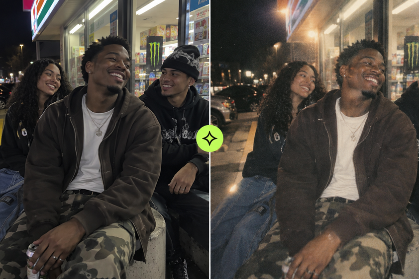Lofi grain supports the existing night atmosphere of a group snapshot