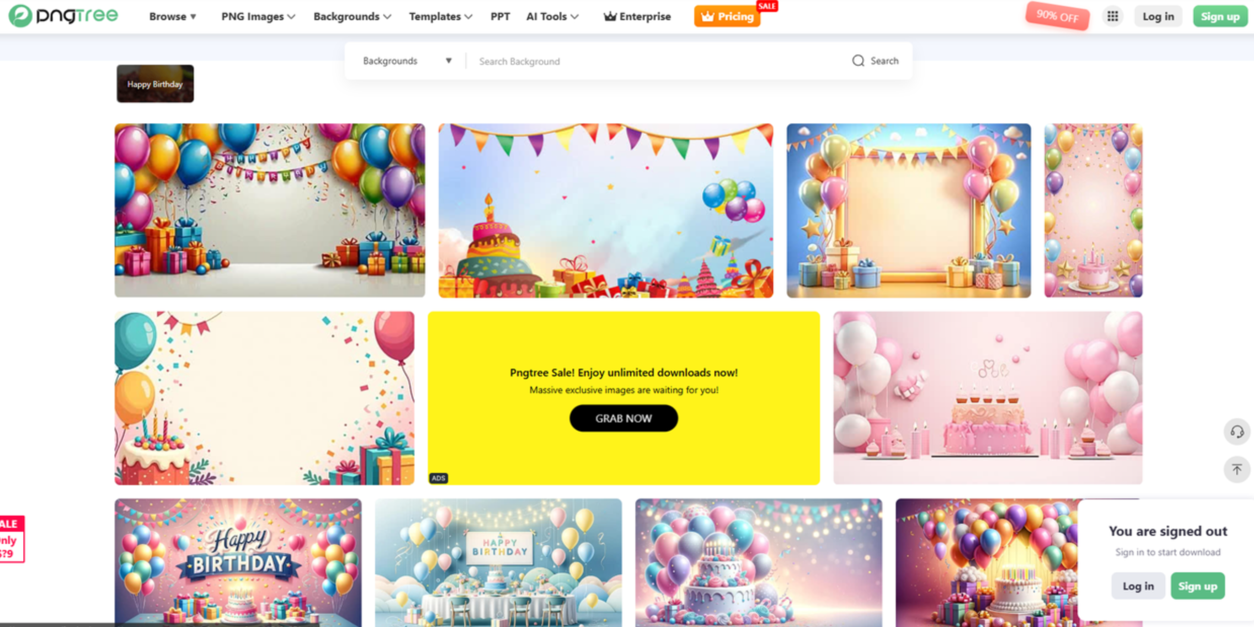 Interface do Pngtree - outro site para baixar fundos de vídeo de aniversário.
