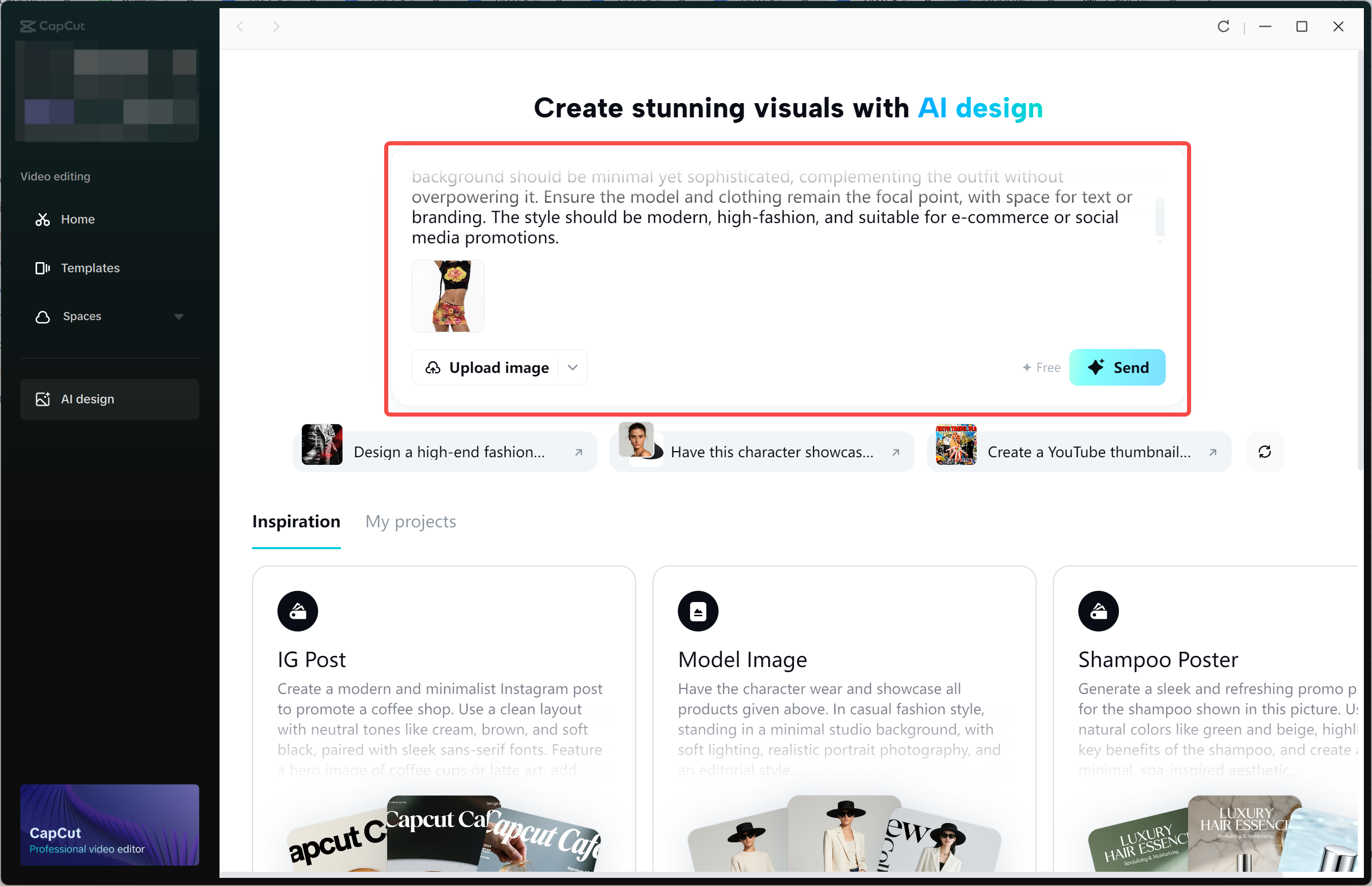 Uploading reference image and entering idea in the CapCut desktop video editor