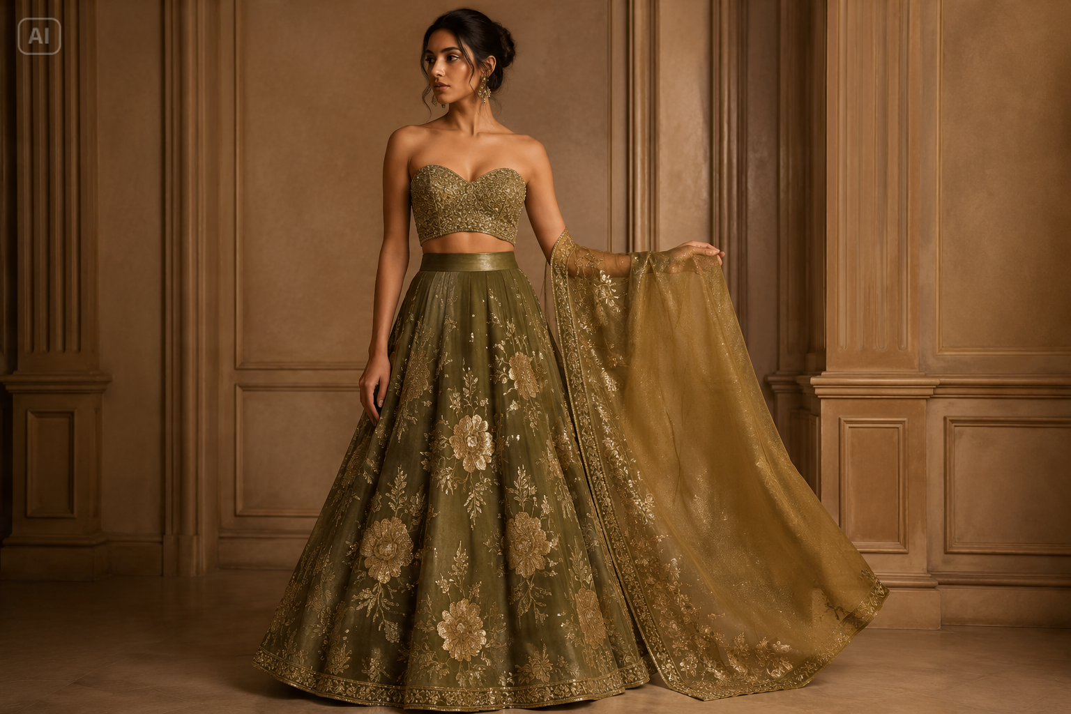 Olivgold trägerlos Festliche Lehenga