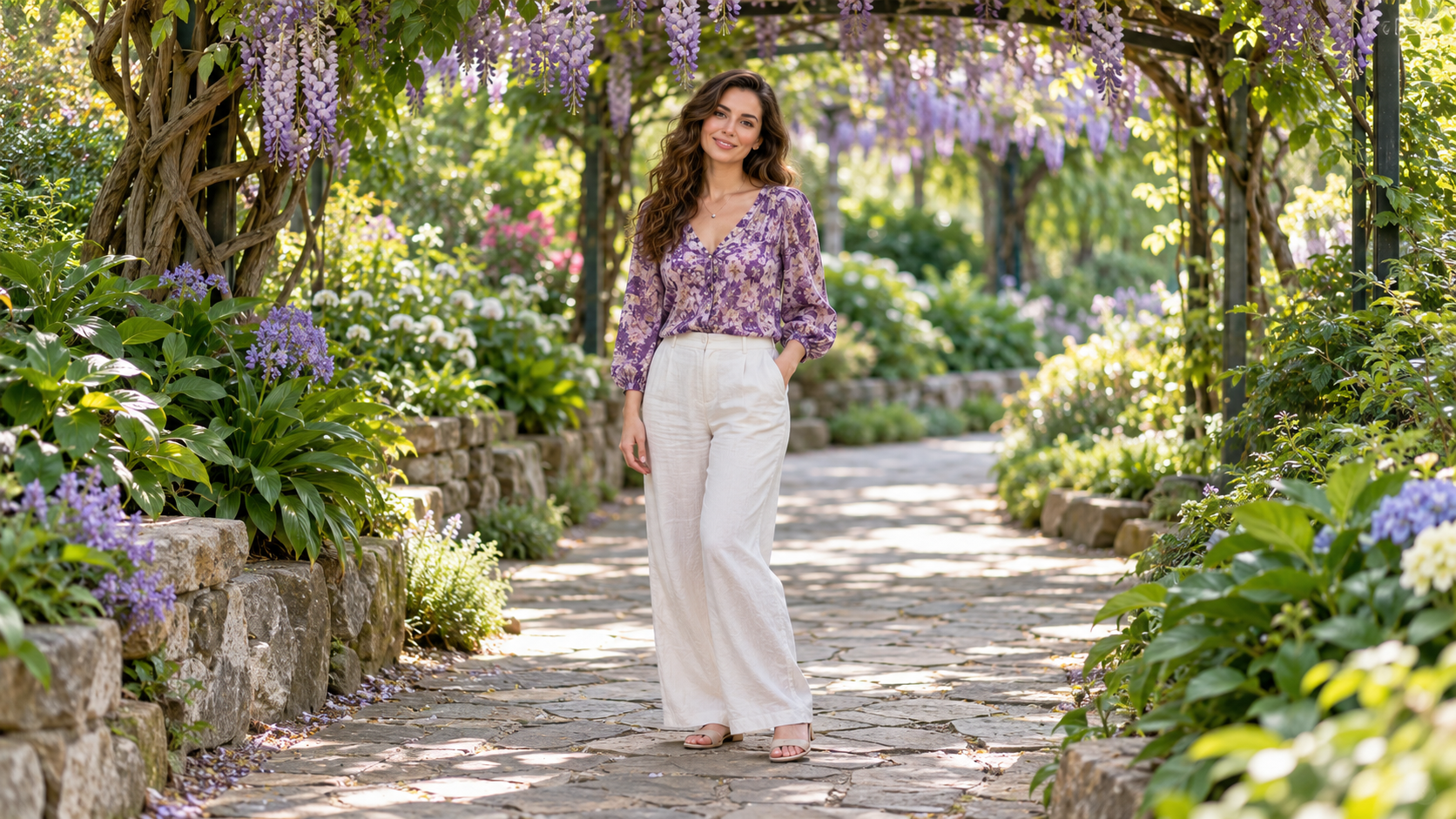 Wisteria Walkway Portrait Beispiel für Naturlicht Porträt AI Foto Prompts
