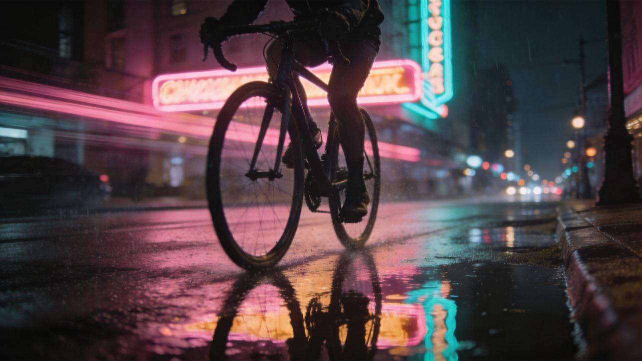 Cyclist riding through a rainy neon-lit city street with reflections on wet pavement