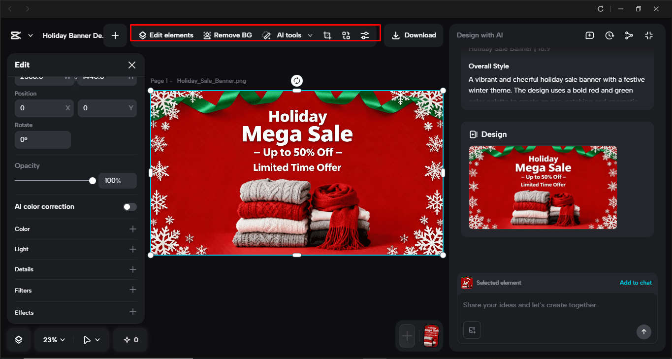 Editing the holiday sale banner in the CapCut desktop video editor