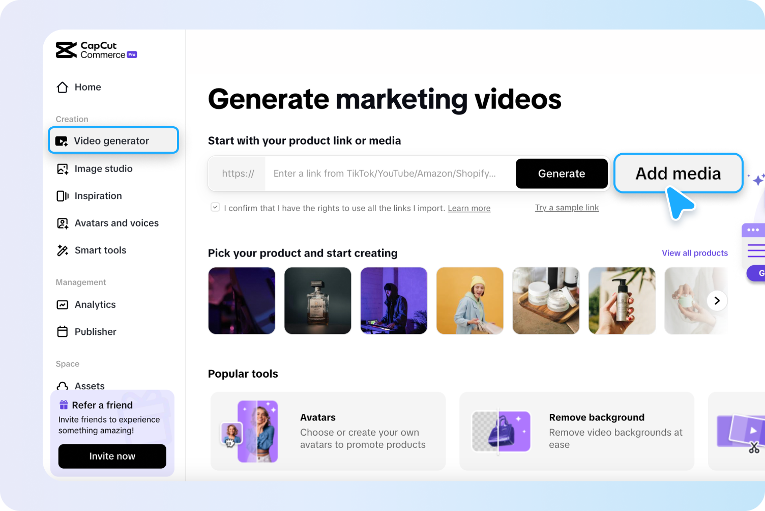 description=Pippit's interface showing the "Link to Video" input field. A user is pasting a YouTube URL into the box.