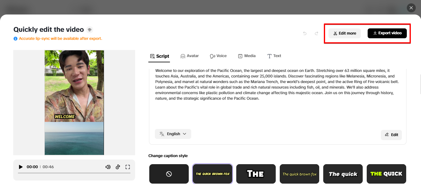 Exporting video from Pippit