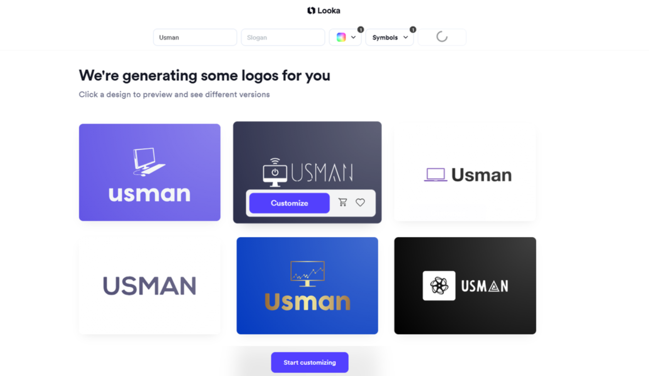 Interface of Looka - the most liked Twitch logo generator