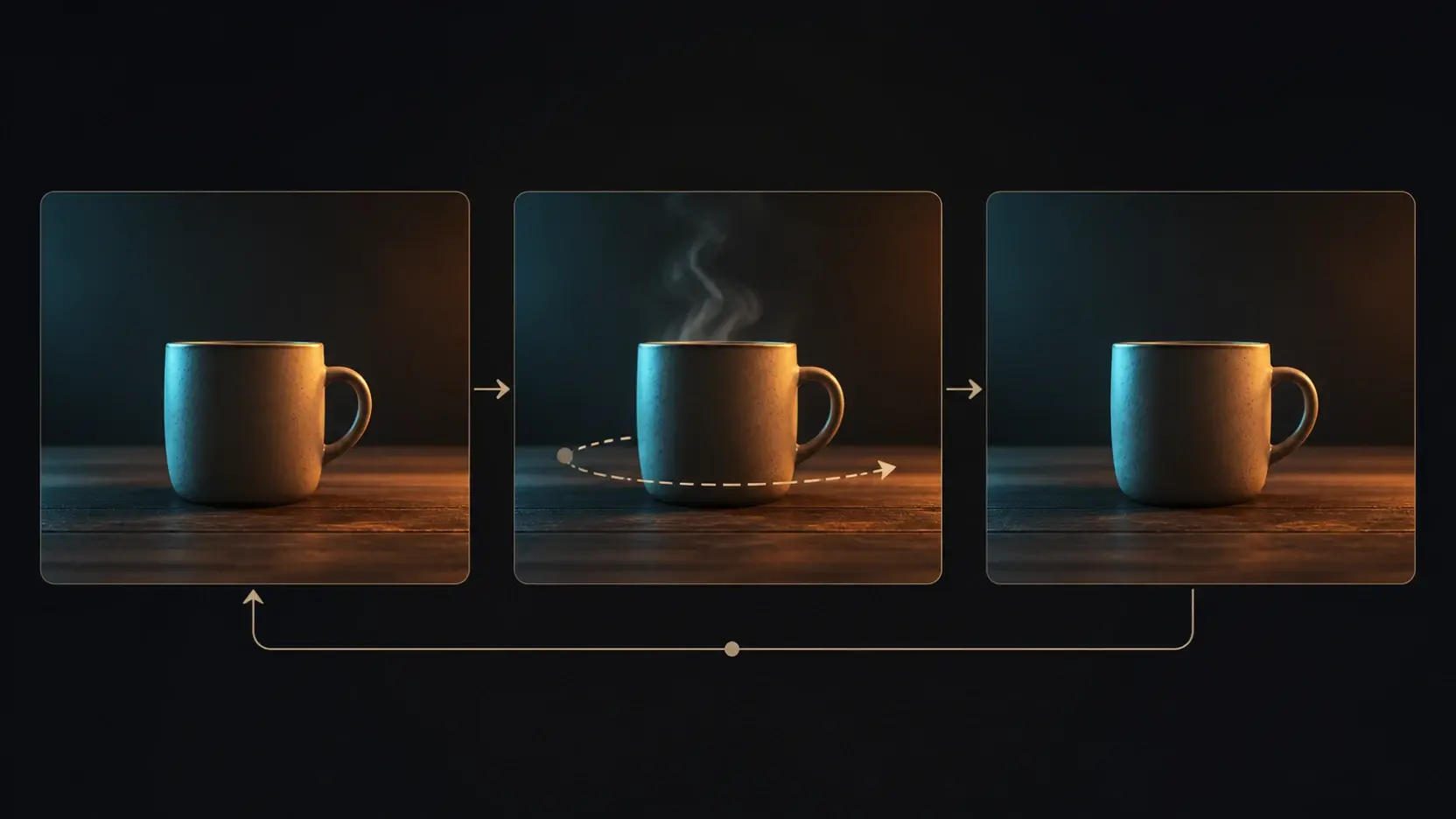 Three mug frames illustrate a stable starting frame, one controlled motion change, and a settled comparison frame