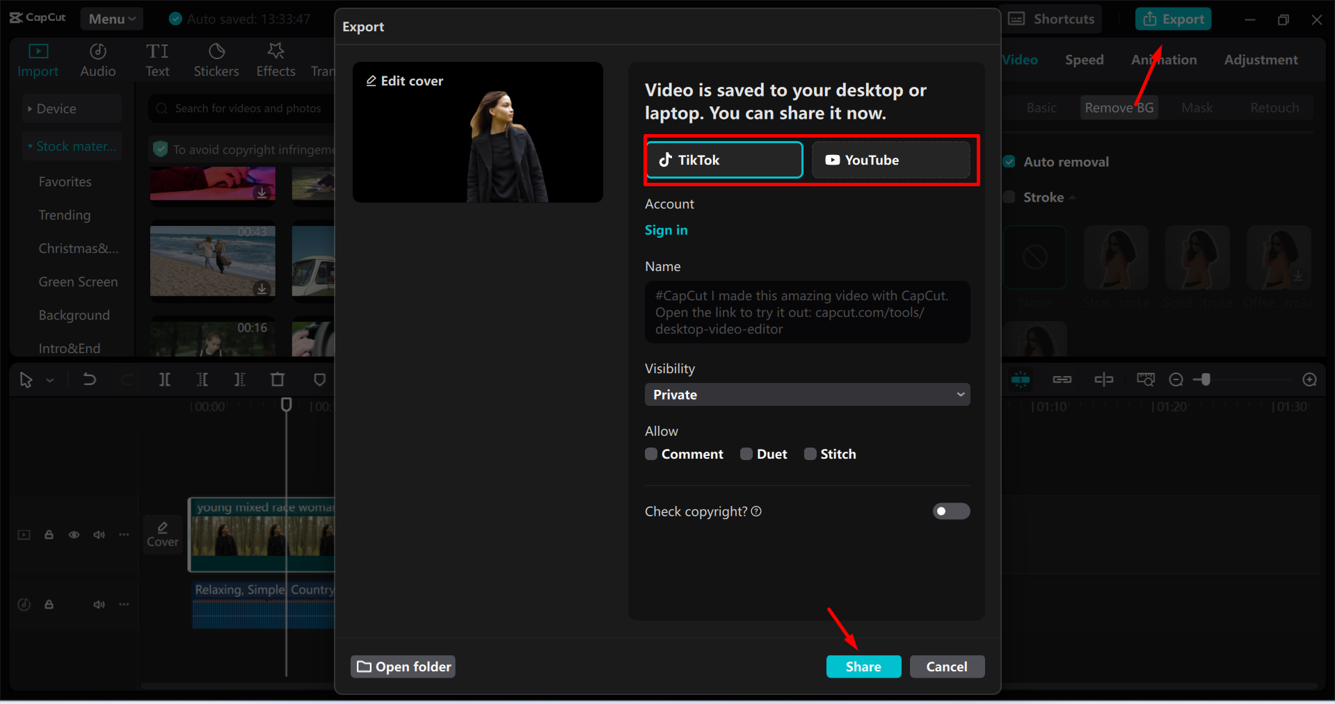 Alt text: Sharing a video from the CapCut desktop video editor to social media platforms