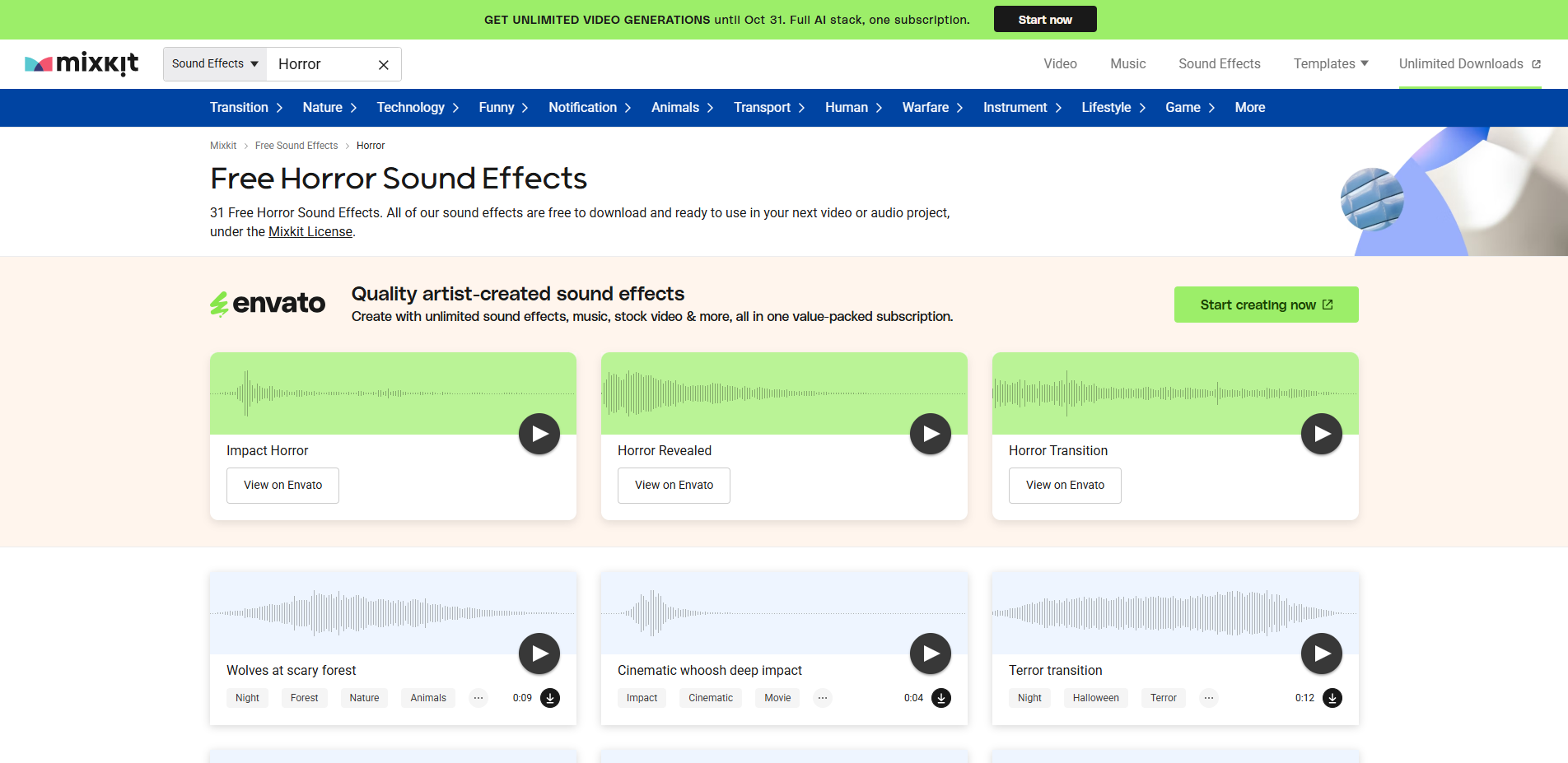 Interface of Mixkit - another site with diverse Halloween sound effects