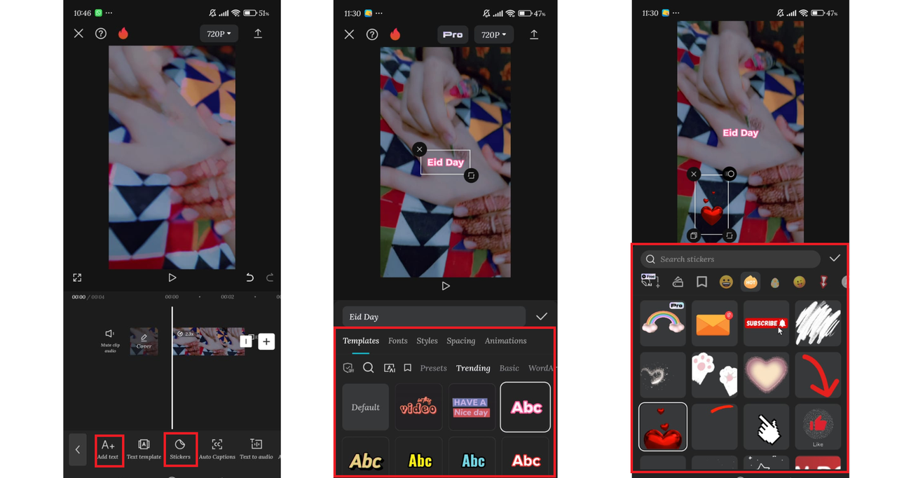 stickers and text overlays