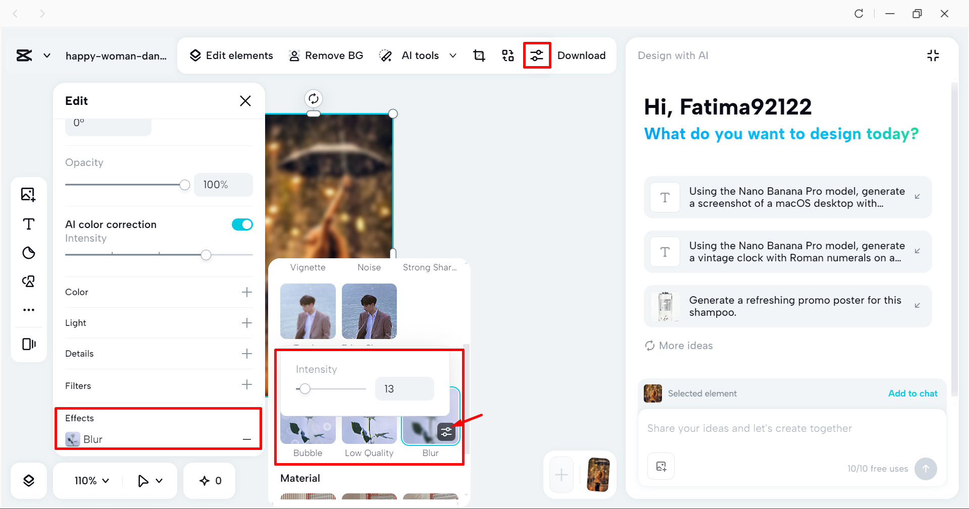 Blurring an image in the CapCut desktop video editor