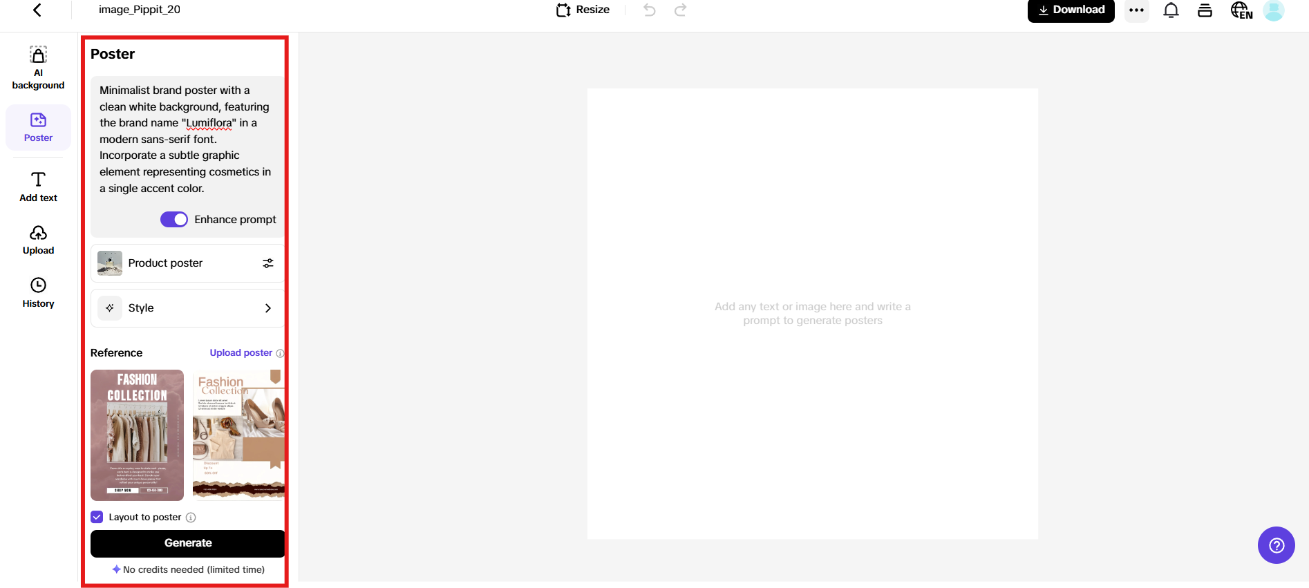 Enter prompt or upload reference image and generate