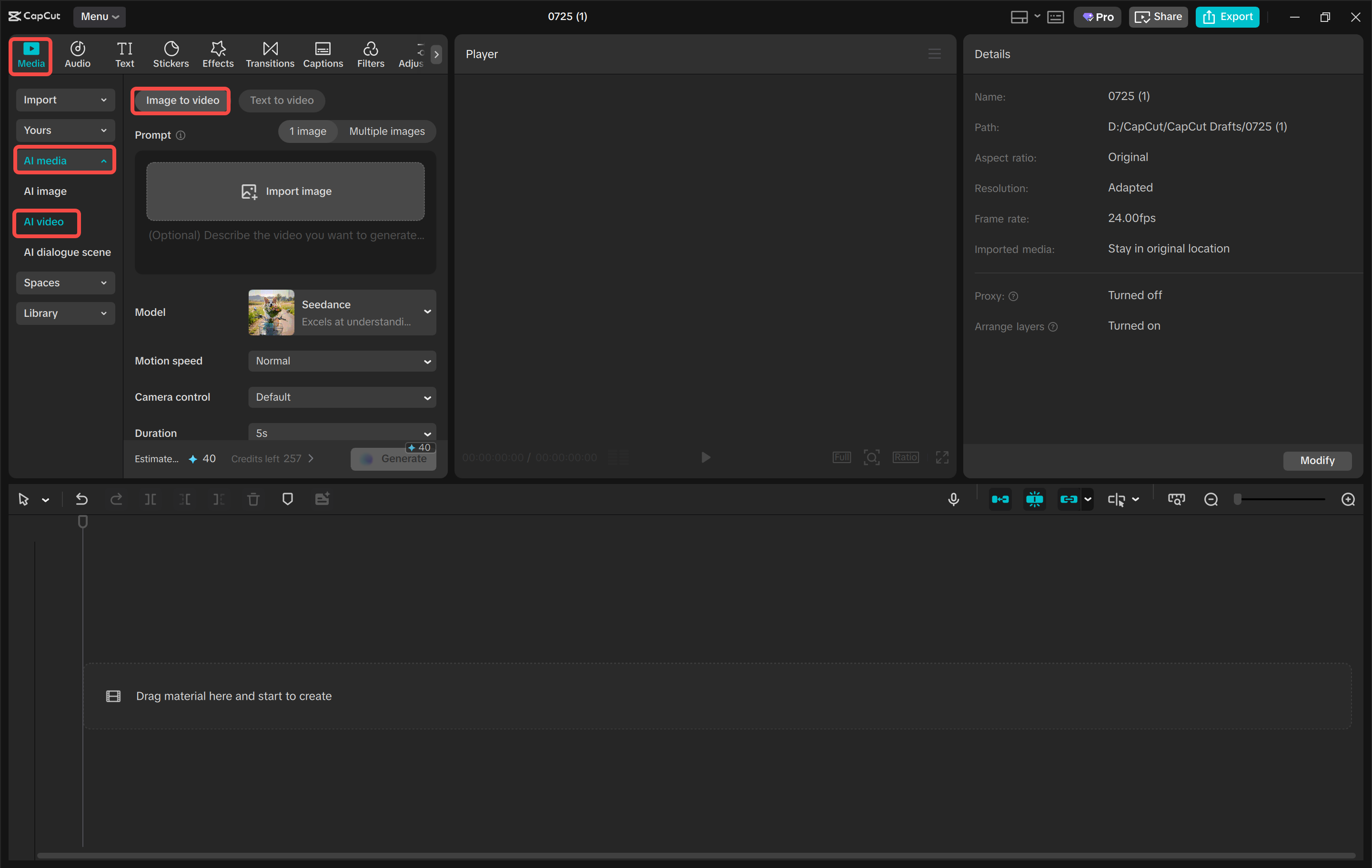 Caricamento di un'immagine nello strumento da immagine a video nell' CapCut editor video desktop