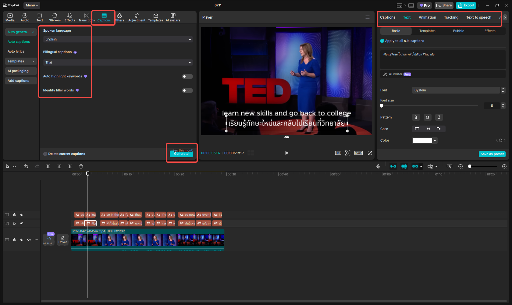 Generate and edit English–Thai bilingual captions