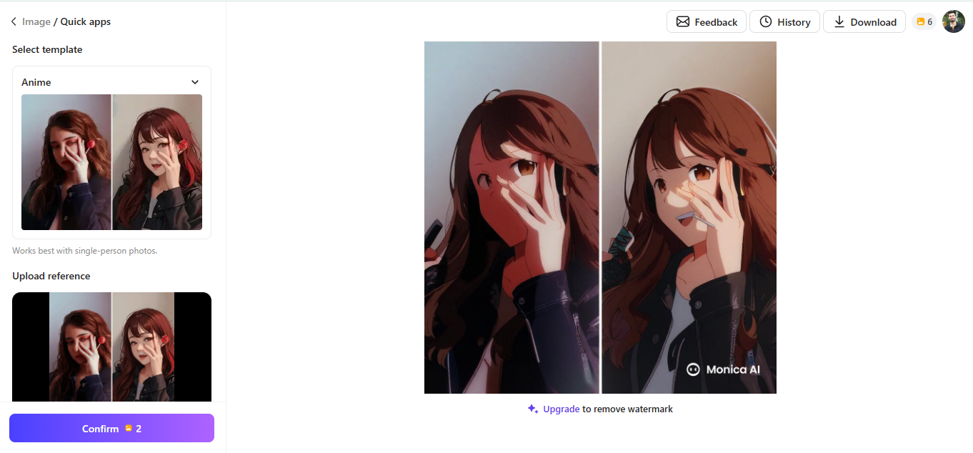Monica AI - a free online tool for converting a photo to a cartoon avatar