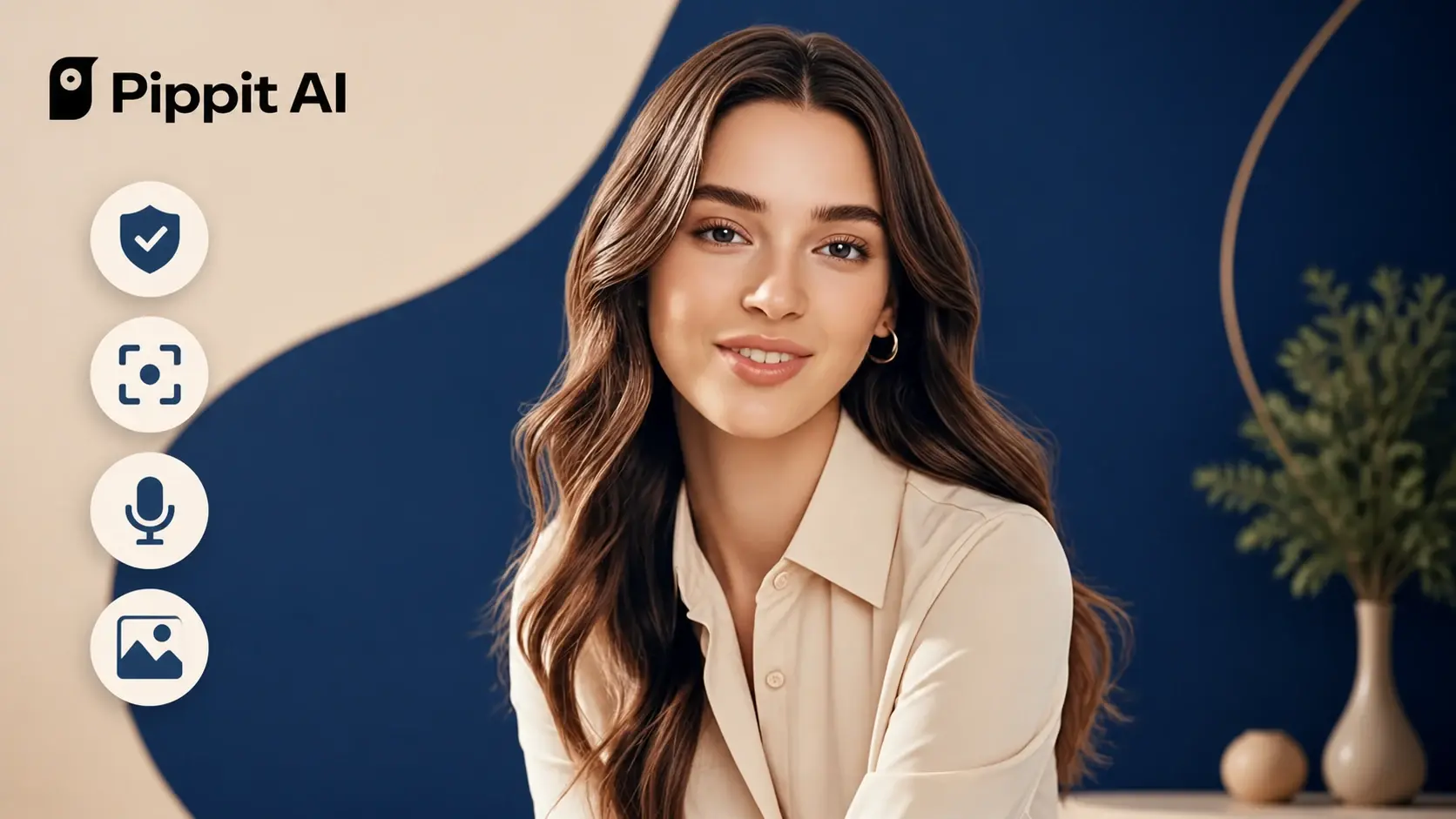 Smiling woman portrait with Pipit AI logo and four feature icons on the left