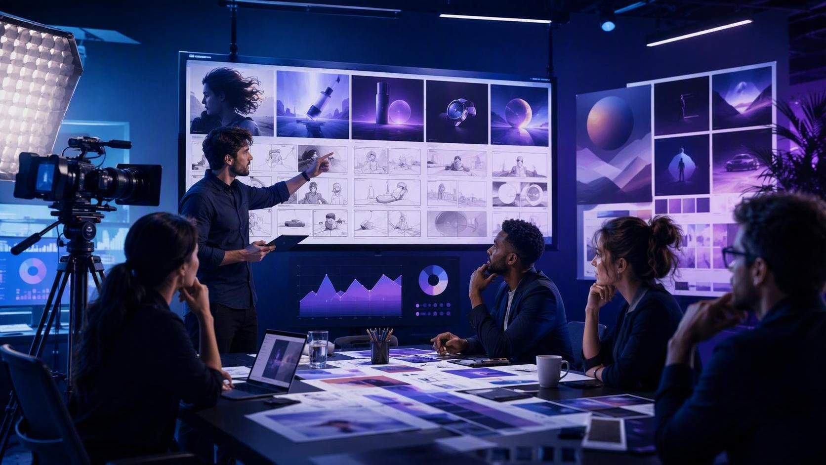 Professional sales campaign video production scene with marketing team and commercial storyboard visuals.