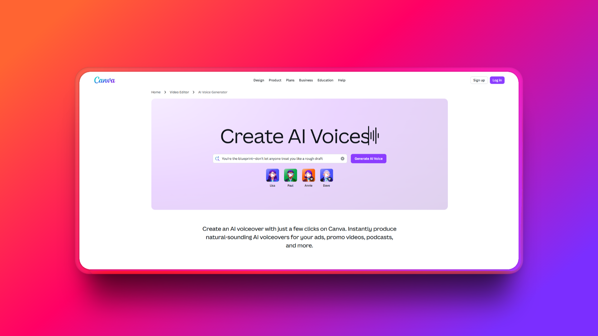Canva's official landing page for its text-to-speech feature