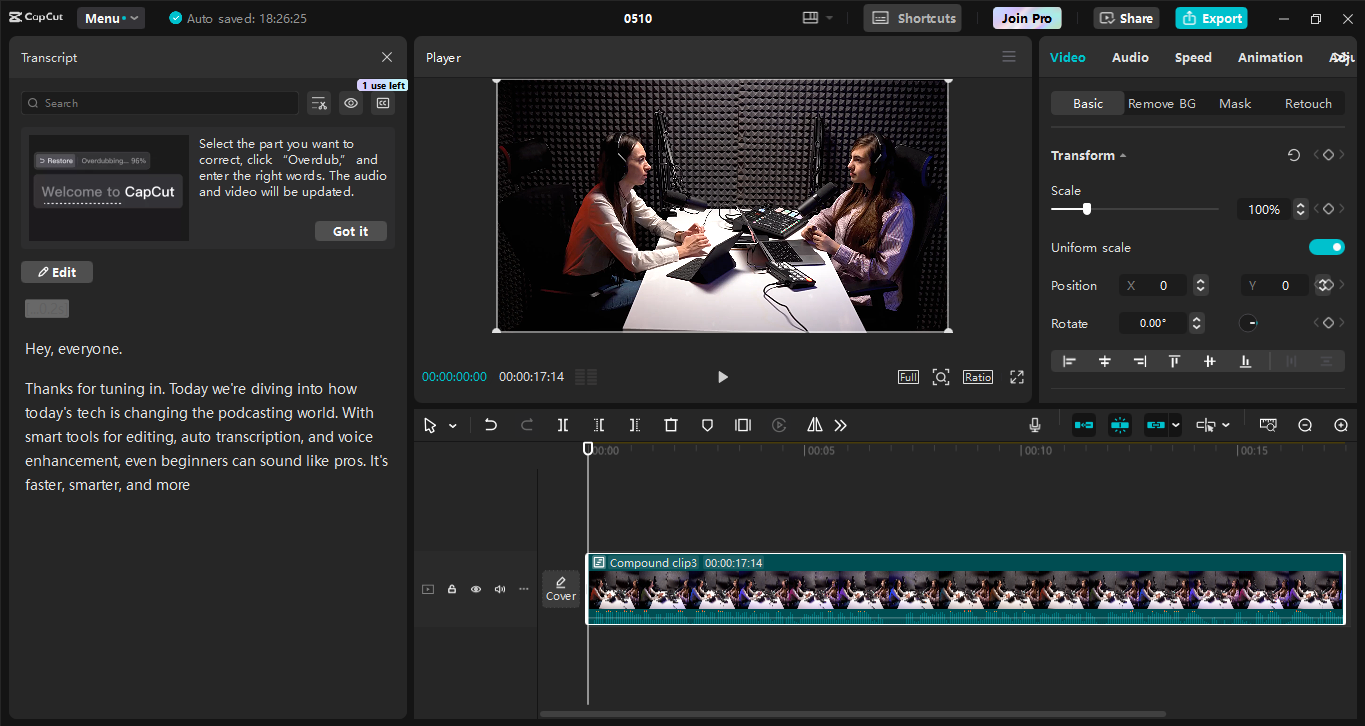 Editace rozhraní CapCut desktop video editor - svobodný software pro přepis videa do textu