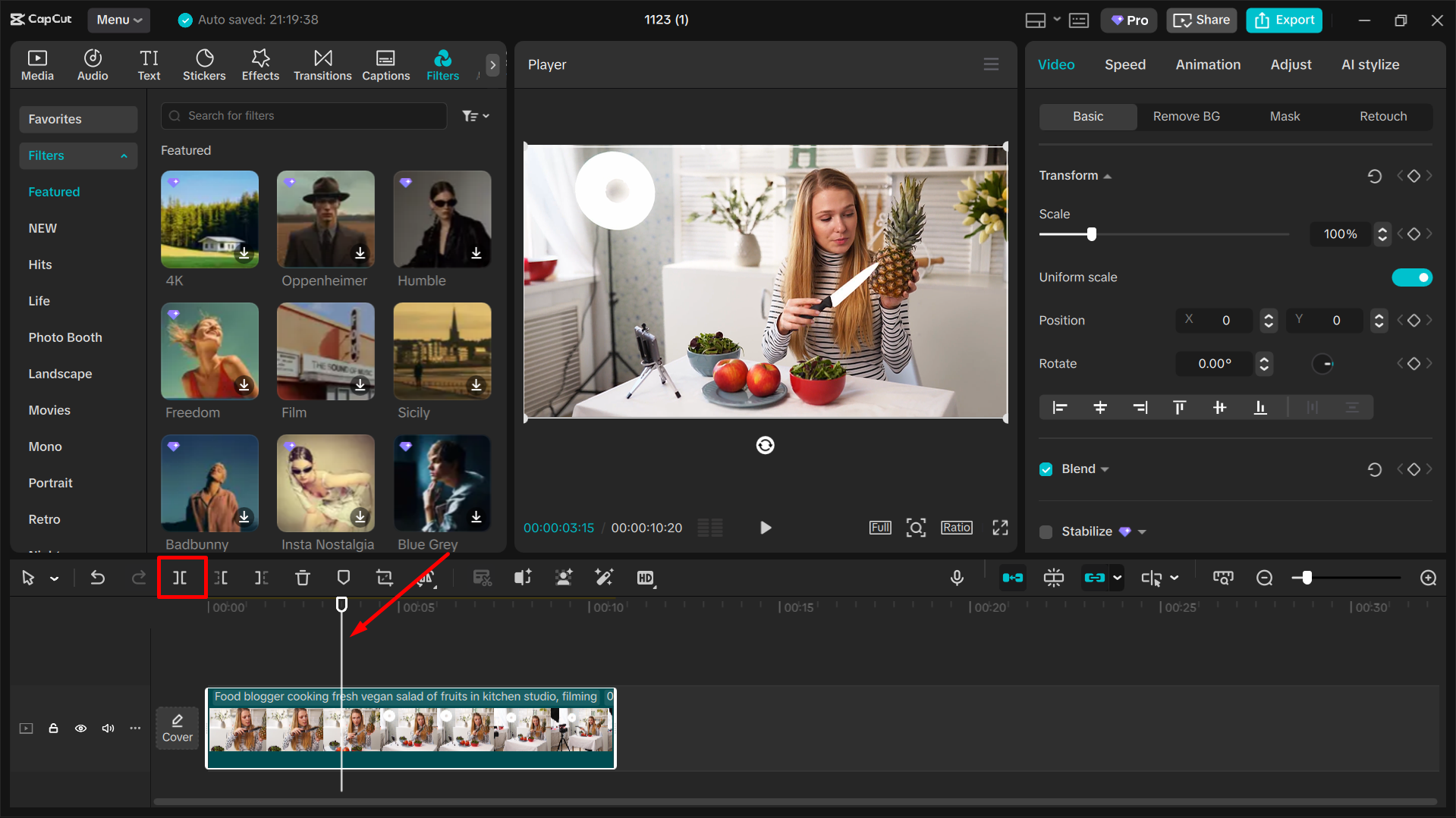 Splitting the video using CapCut