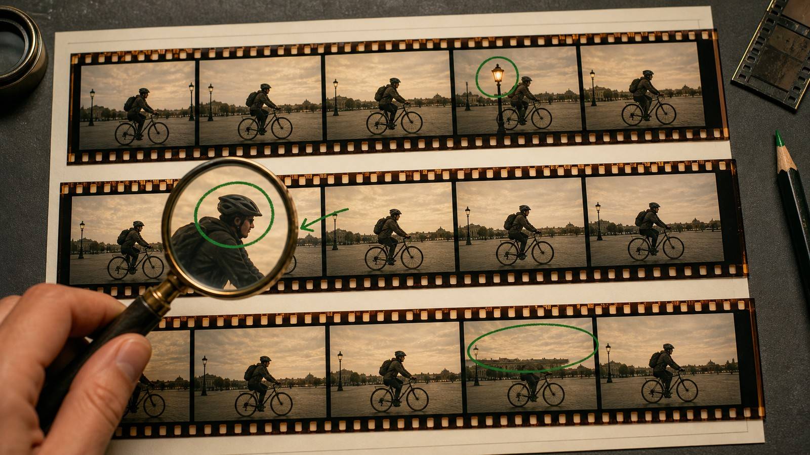 Film strips of a cyclist sequence with green circles marking frames under a magnifying glass