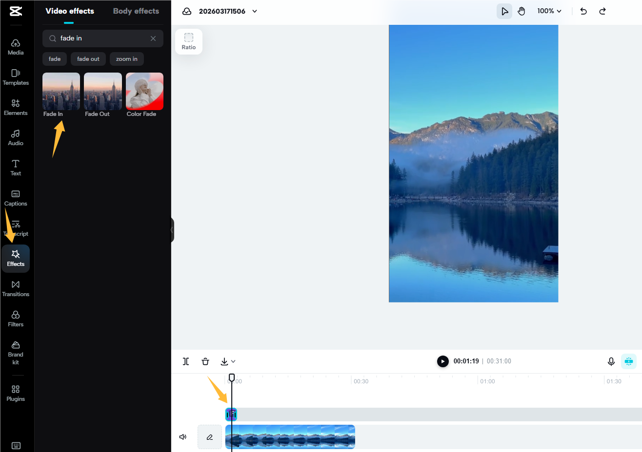 Adicione um efeito de fade-in no CapCut online
