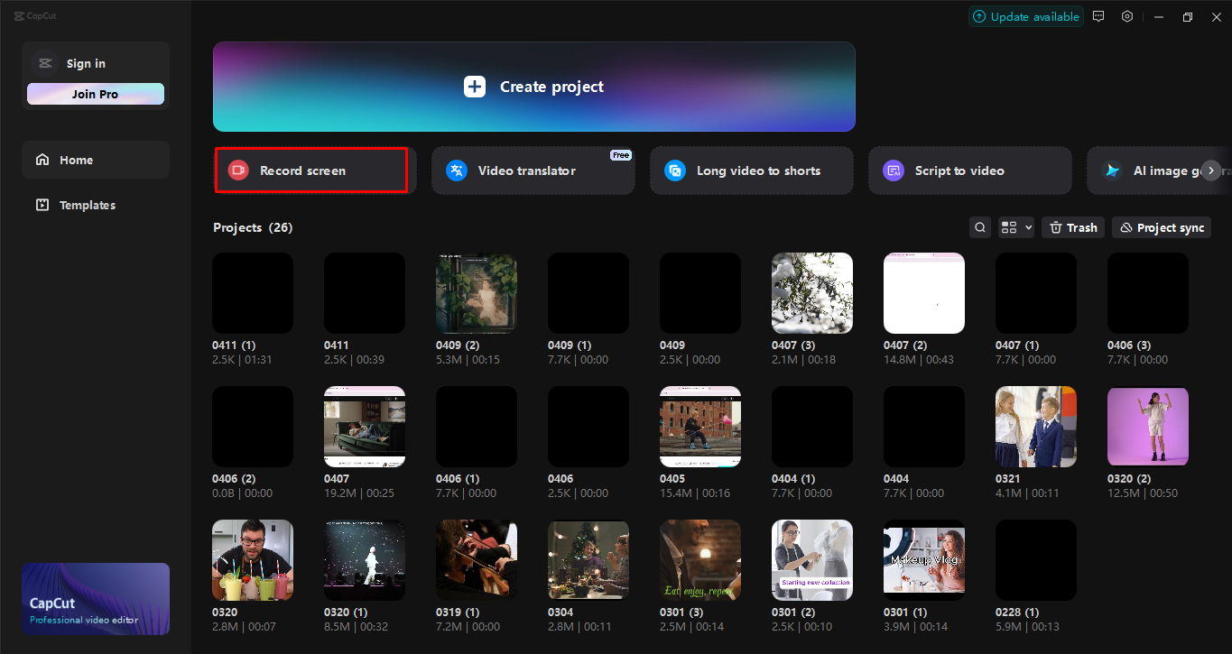 Launching screen recorder in the CapCut desktop video editor