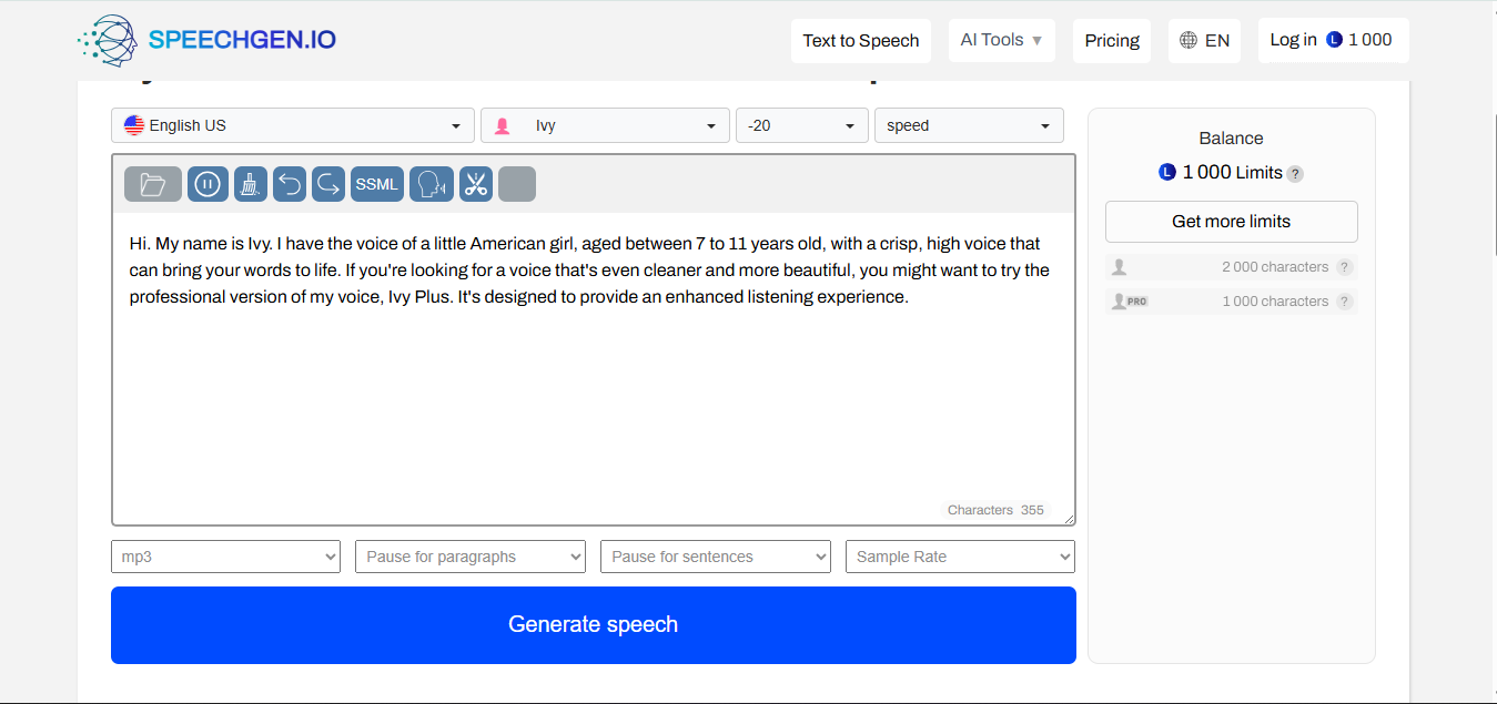 SpeechGen.io - gerador de voz infantil grátis IA