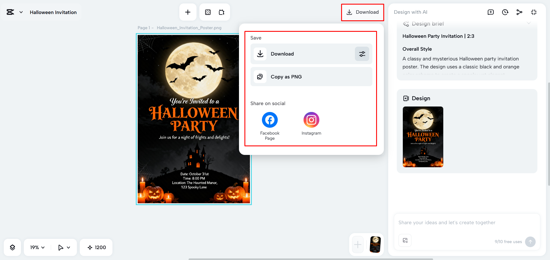 Downloading the Halloween invitation from the CapCut desktop video editor