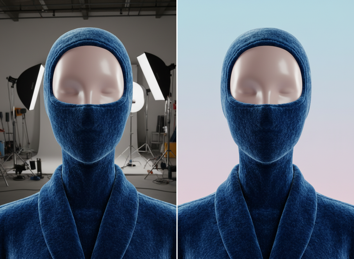 AI avatar before/after; clean cutout on light pastel background, velvet-textured jacket with macro fabric detail, studio lighting, soft shadows.
