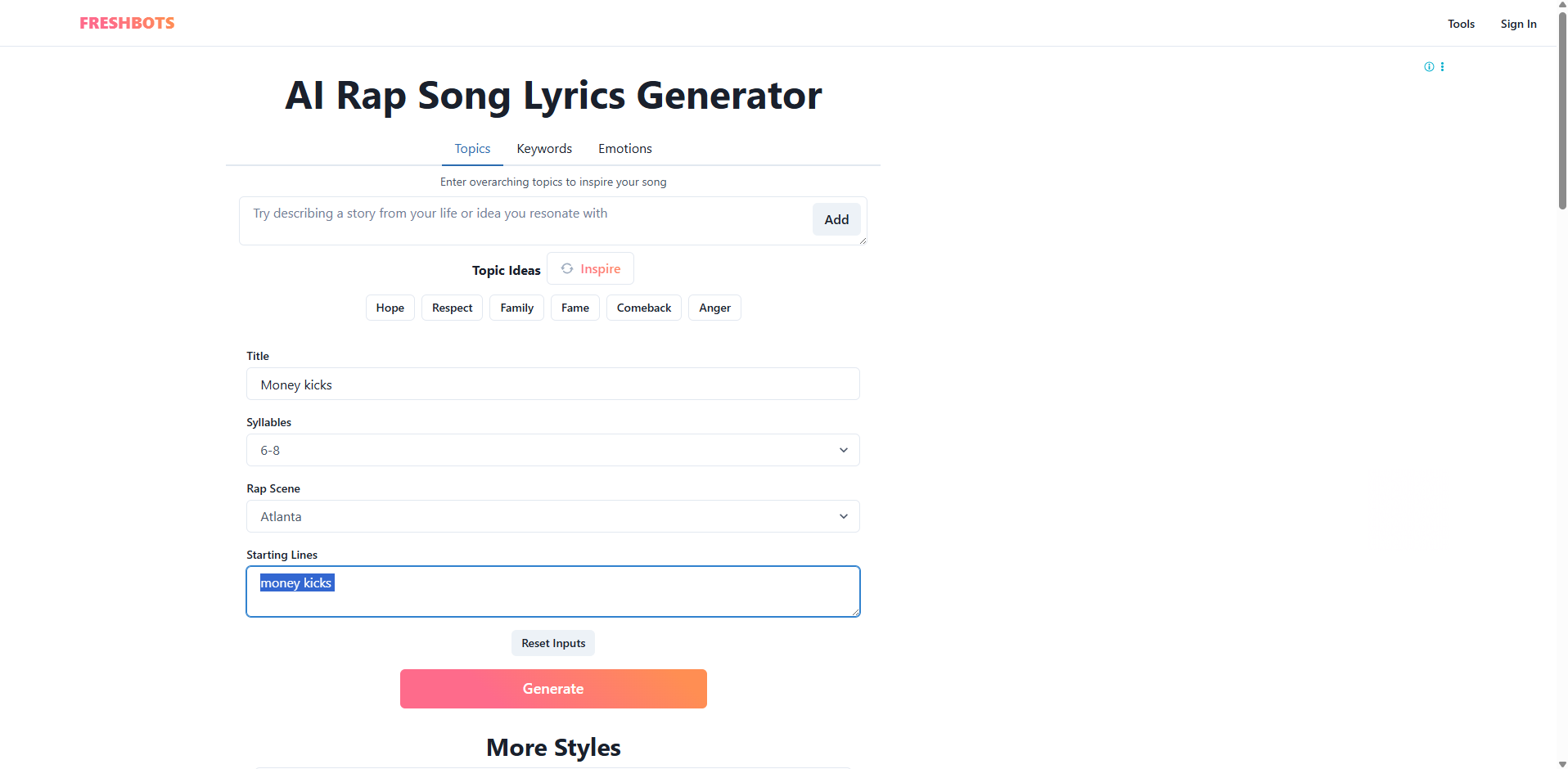 Interface of Freshbots - an easy to use AI rap lyrics generator