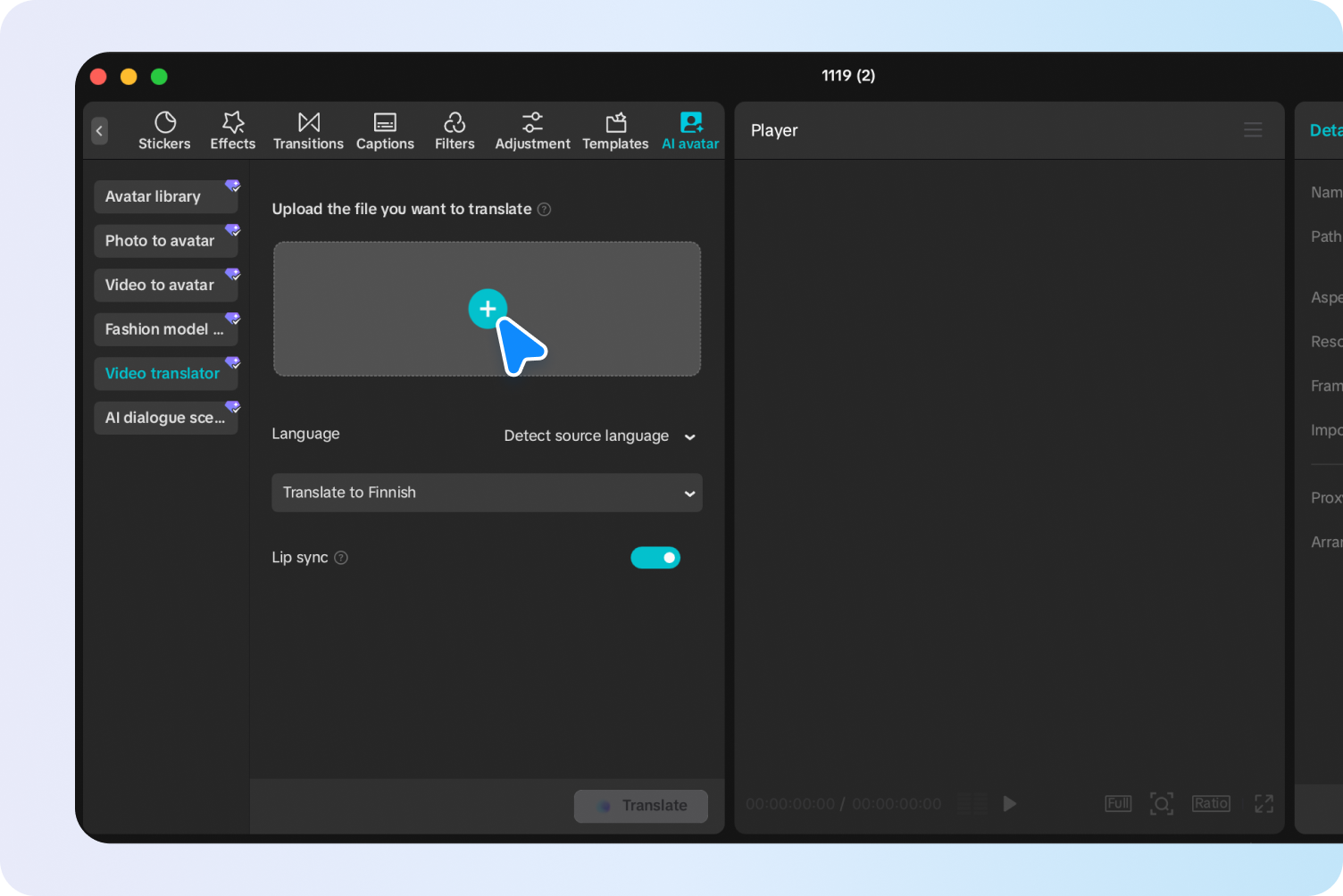 Accessing the video translator tool in CapCut.