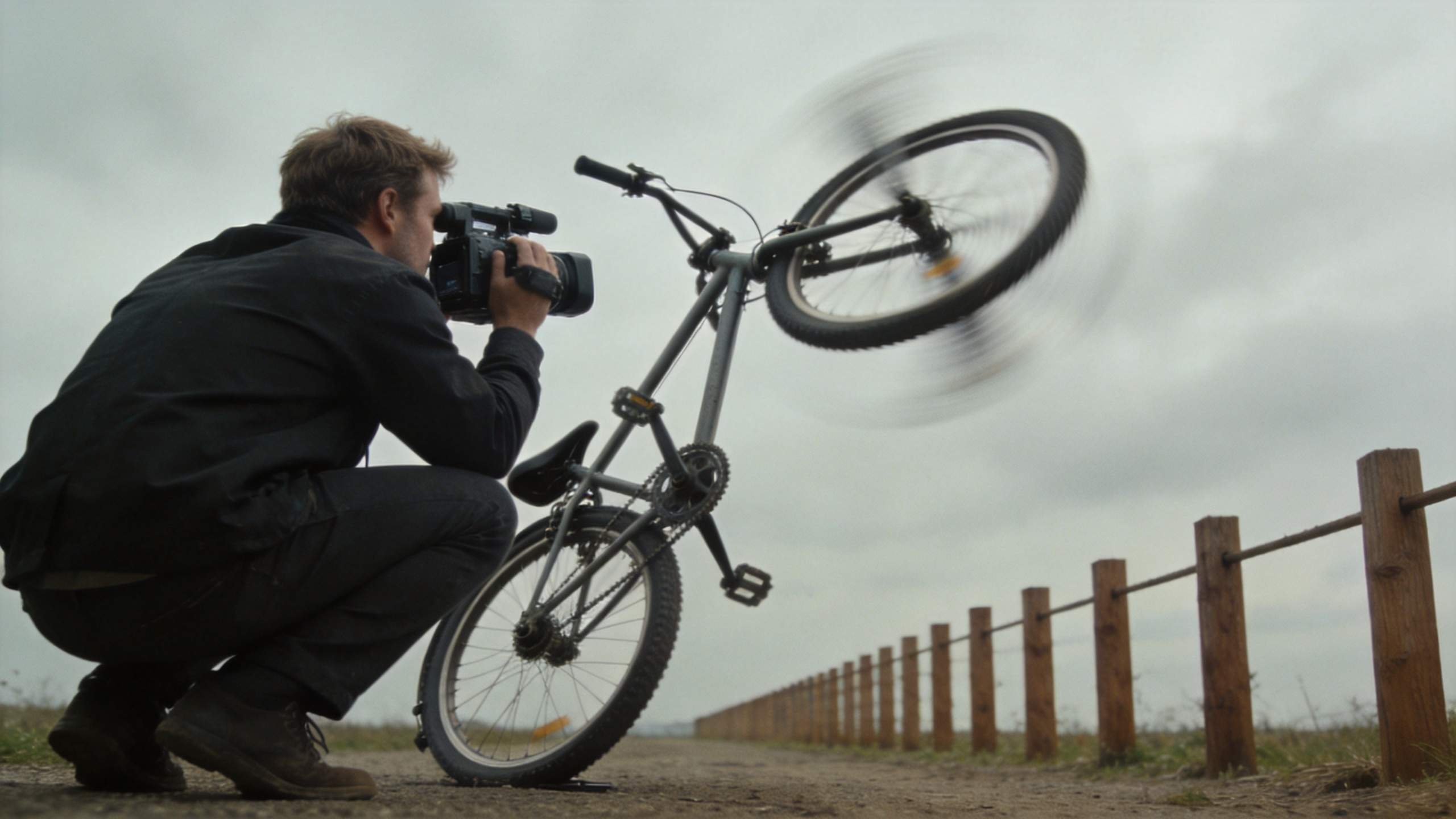 Crouching videographer filming a bicycle with a blurred spinning wheel against a gray sky