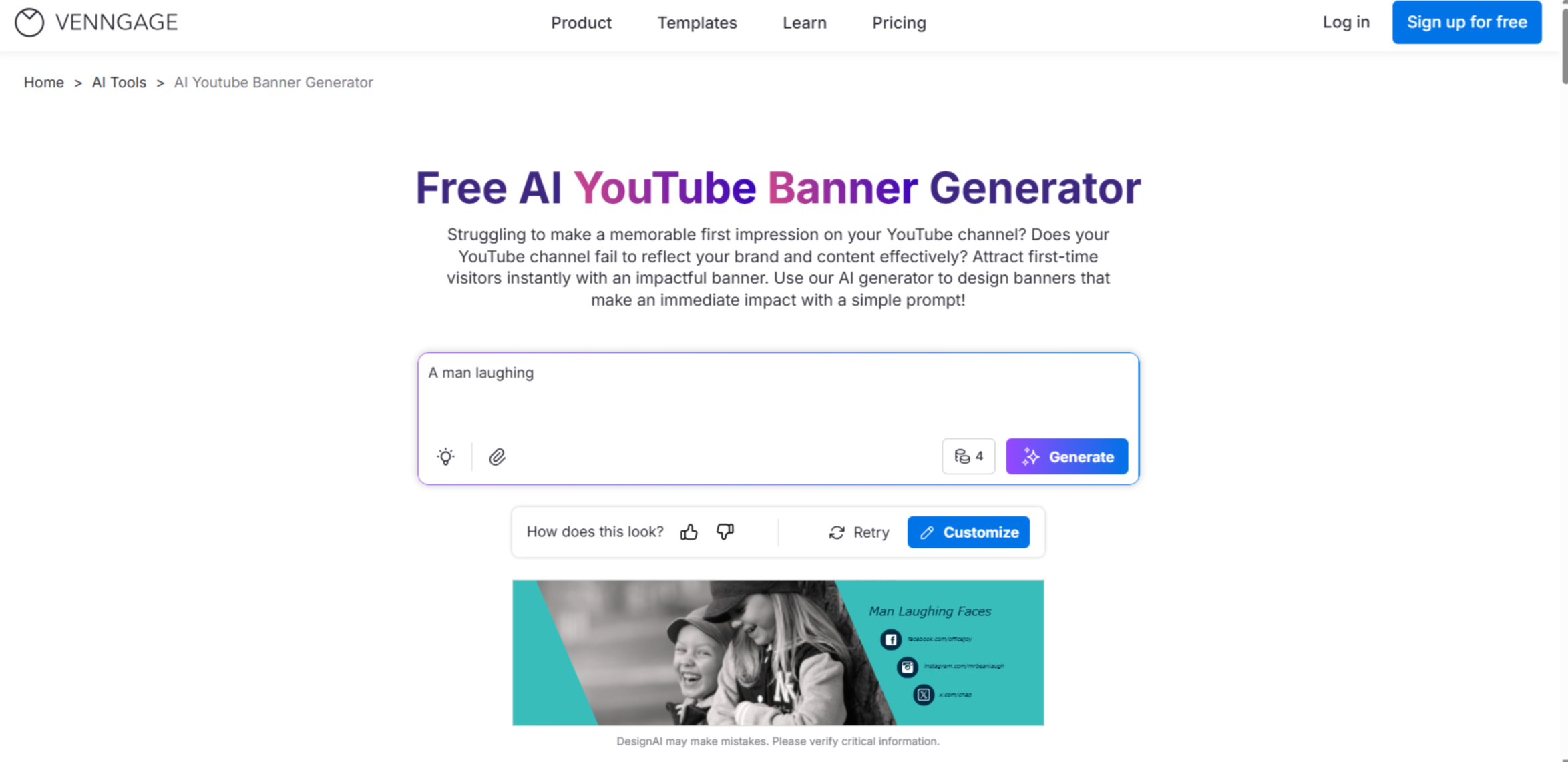 Интерфейс Vengage — простой в использовании генератор баннеров YouTube с ИИ
