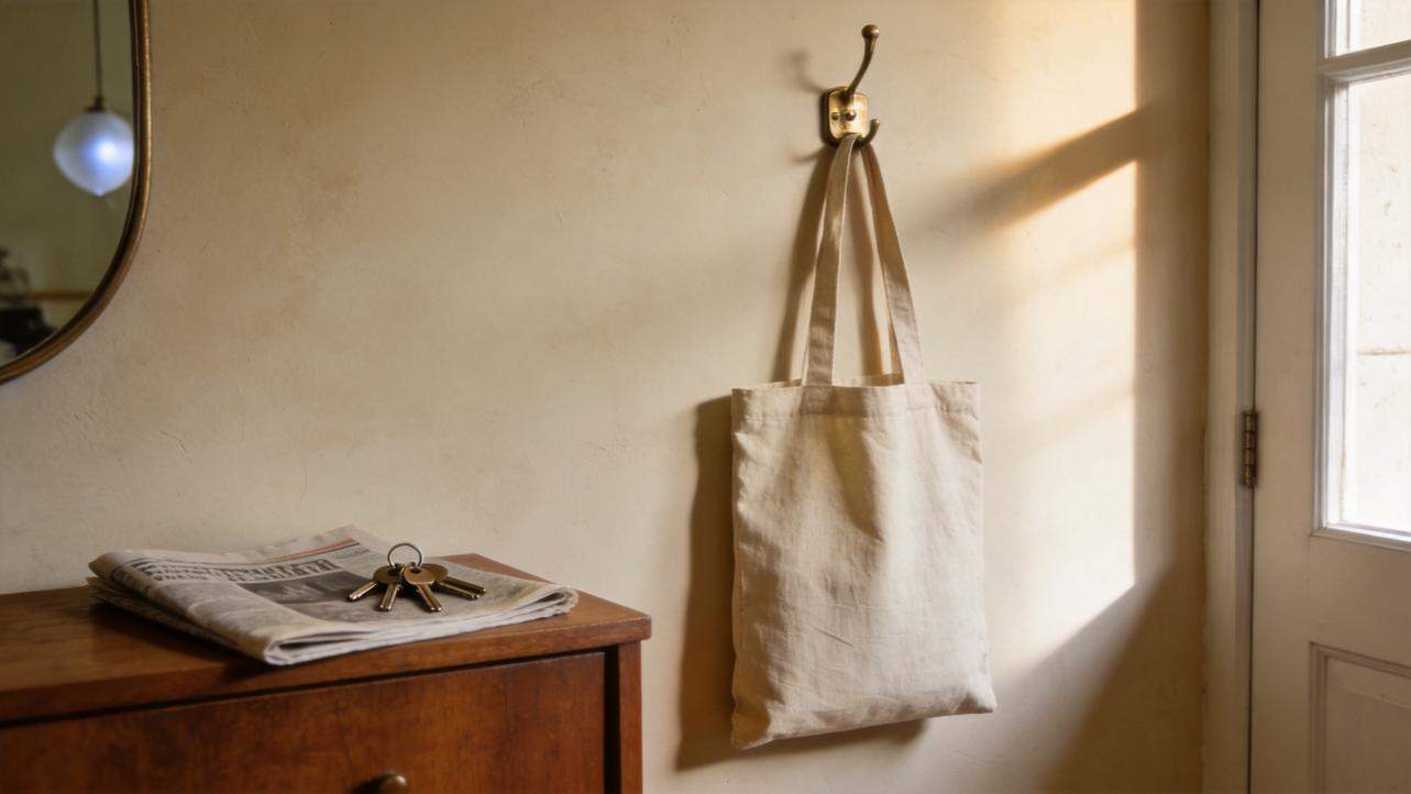 Canvas tote bag hangs on a wall hook beside a window, with keys and a newspaper on a wooden table.